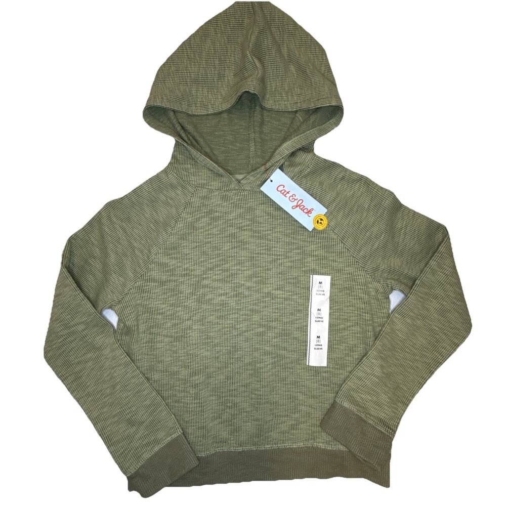 Cat & Jack Girls Size M (8) Olive Green Ribbed Hooded Sweatshirt Pullover